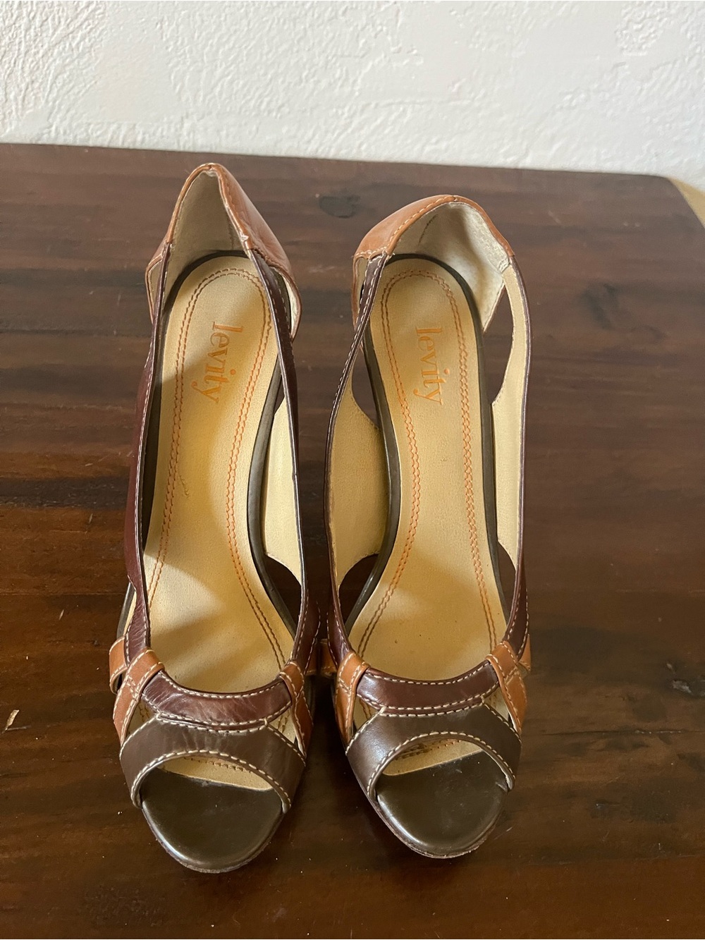 levity Two-Tone Brown & Tan Peep-Toe Leather Heels